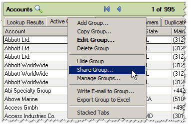 Right Click and Select Share Group in Saleslogix