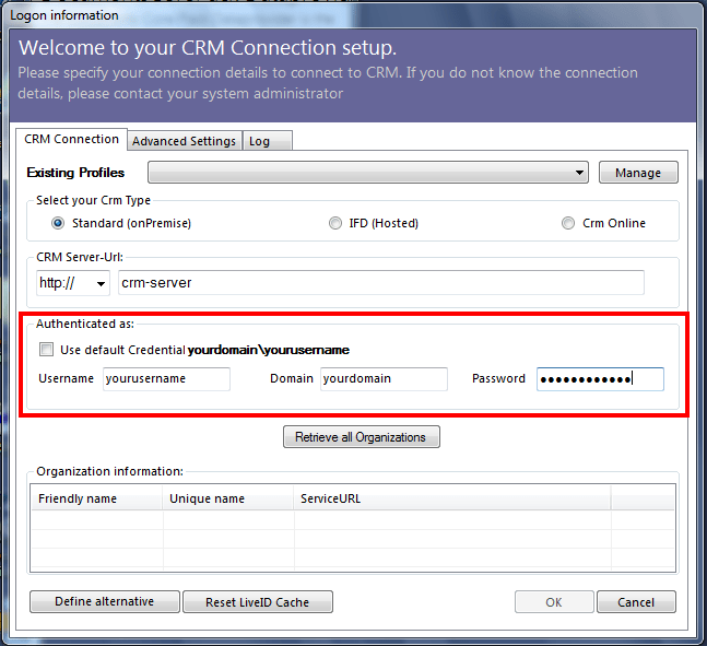 Look for the Authenticated As section within the CRM Connection setup